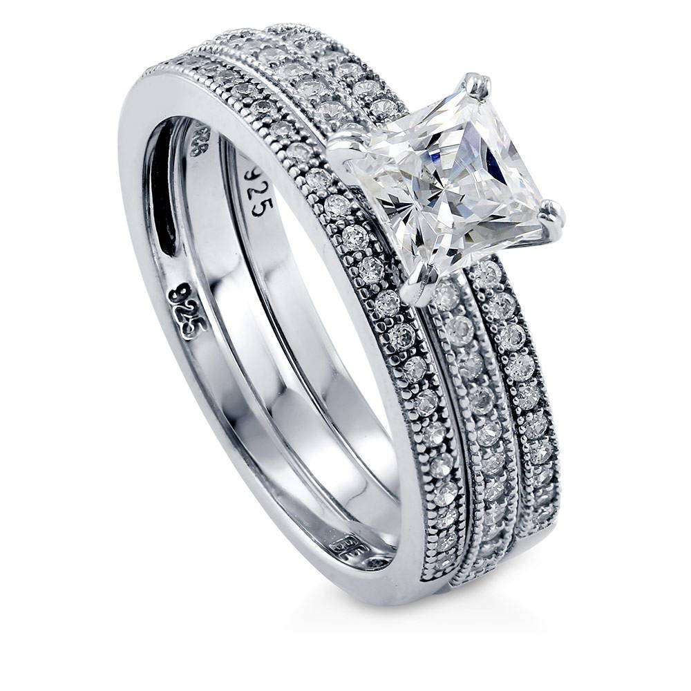 Solitaire 1ct Princess CZ Ring Set in Sterling Silver