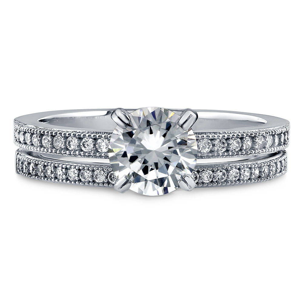 Solitaire 1ct Round CZ Ring Set in Sterling Silver