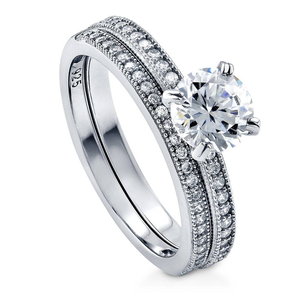 Solitaire 1ct Round CZ Ring Set in Sterling Silver