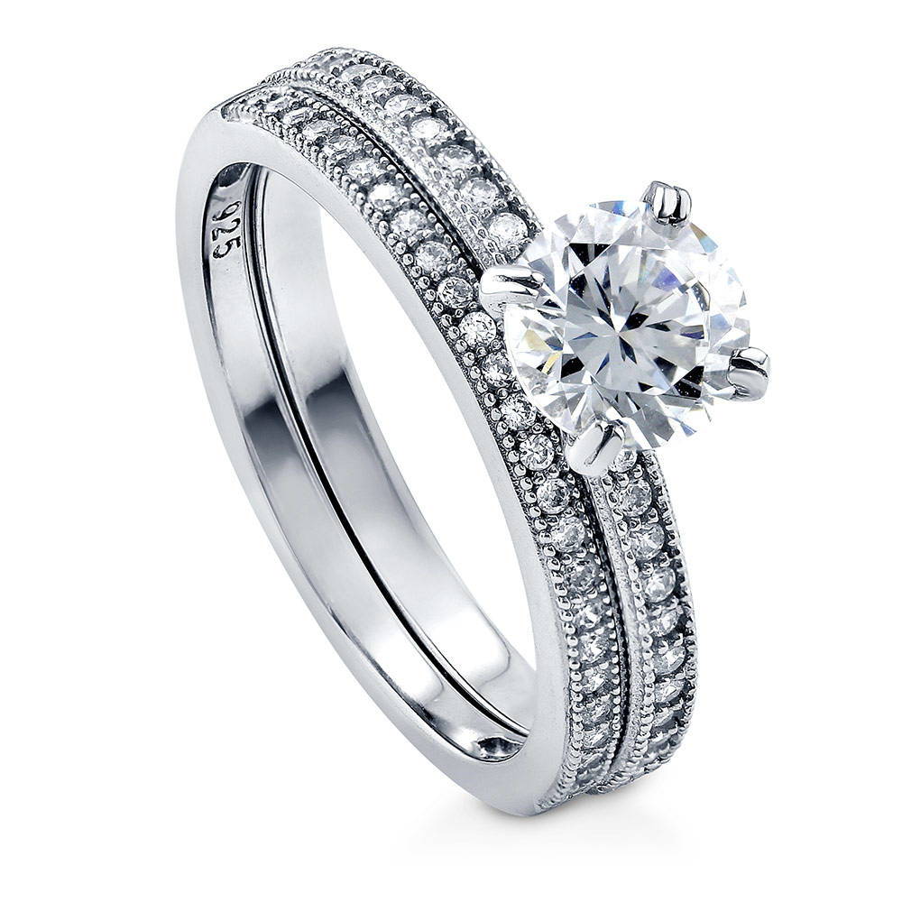 Front view of Solitaire 1ct Round CZ Ring Set in Sterling Silver, 4 of 10