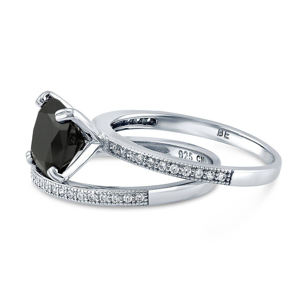 Solitaire 3ct Black Cushion CZ Stackable Ring Set in Sterling Silver