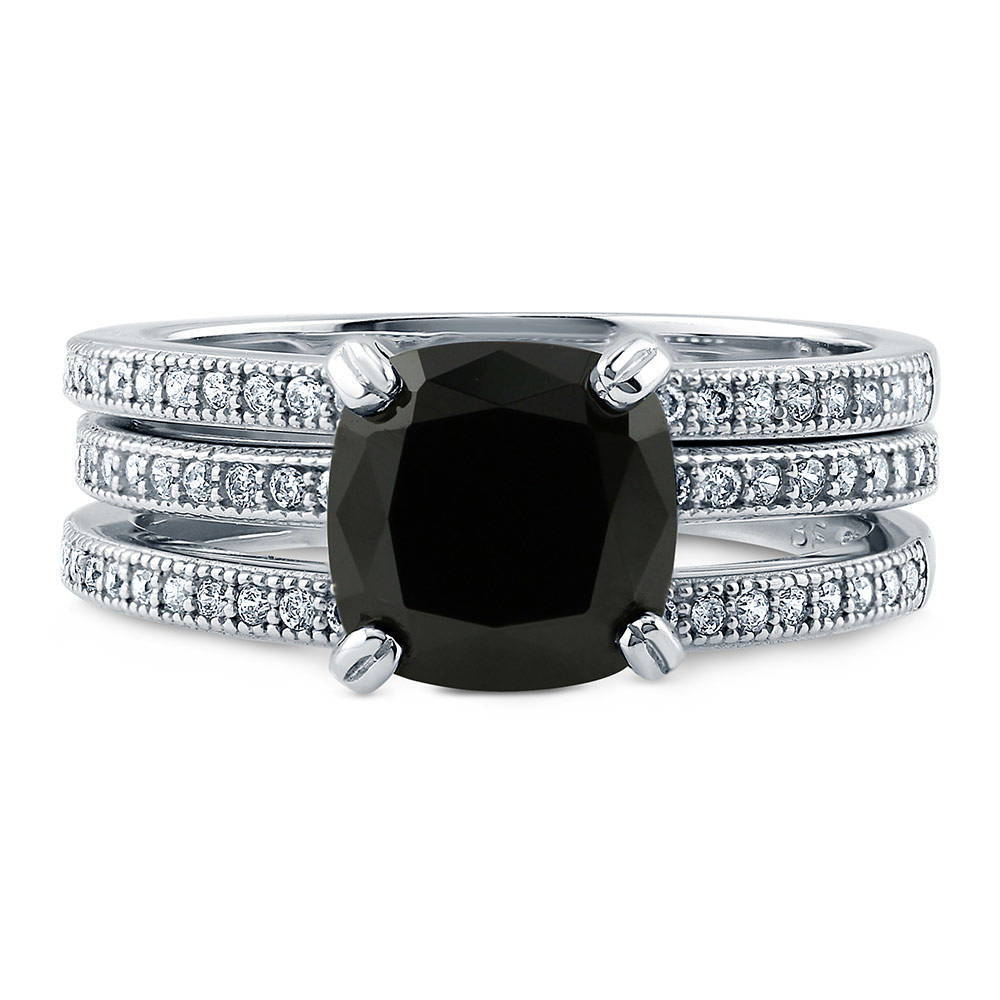 Solitaire 3ct Black Cushion CZ Stackable Ring Set in Sterling Silver, 1 of 10