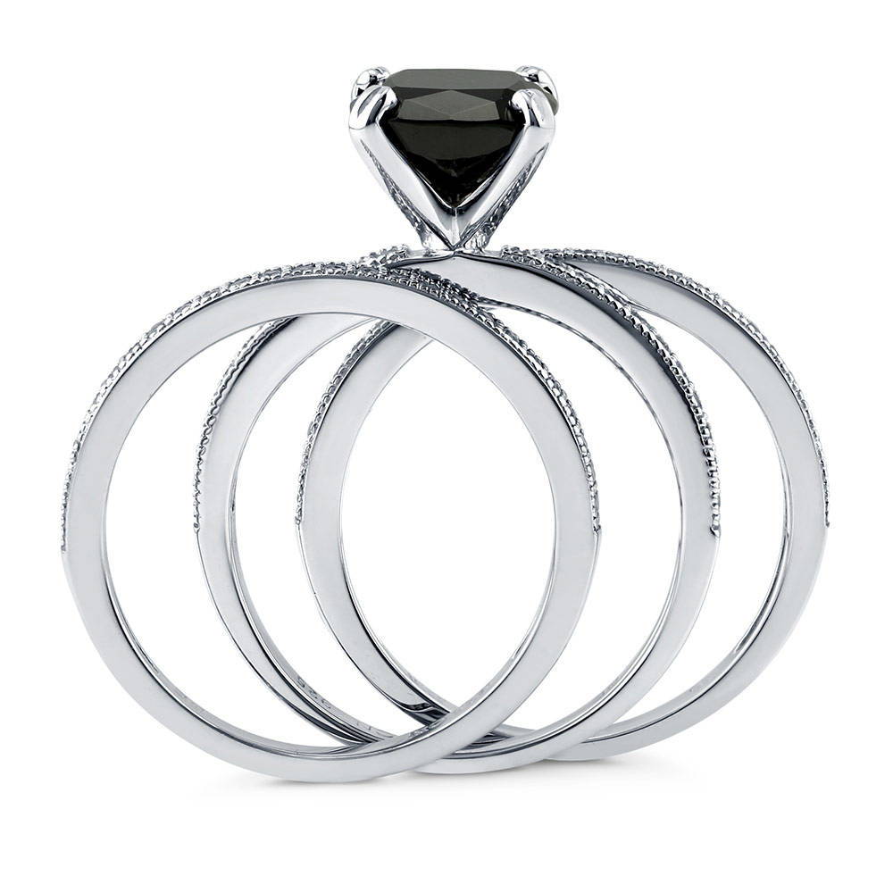 Solitaire 3ct Black Cushion CZ Stackable Ring Set in Sterling Silver, 8 of 10