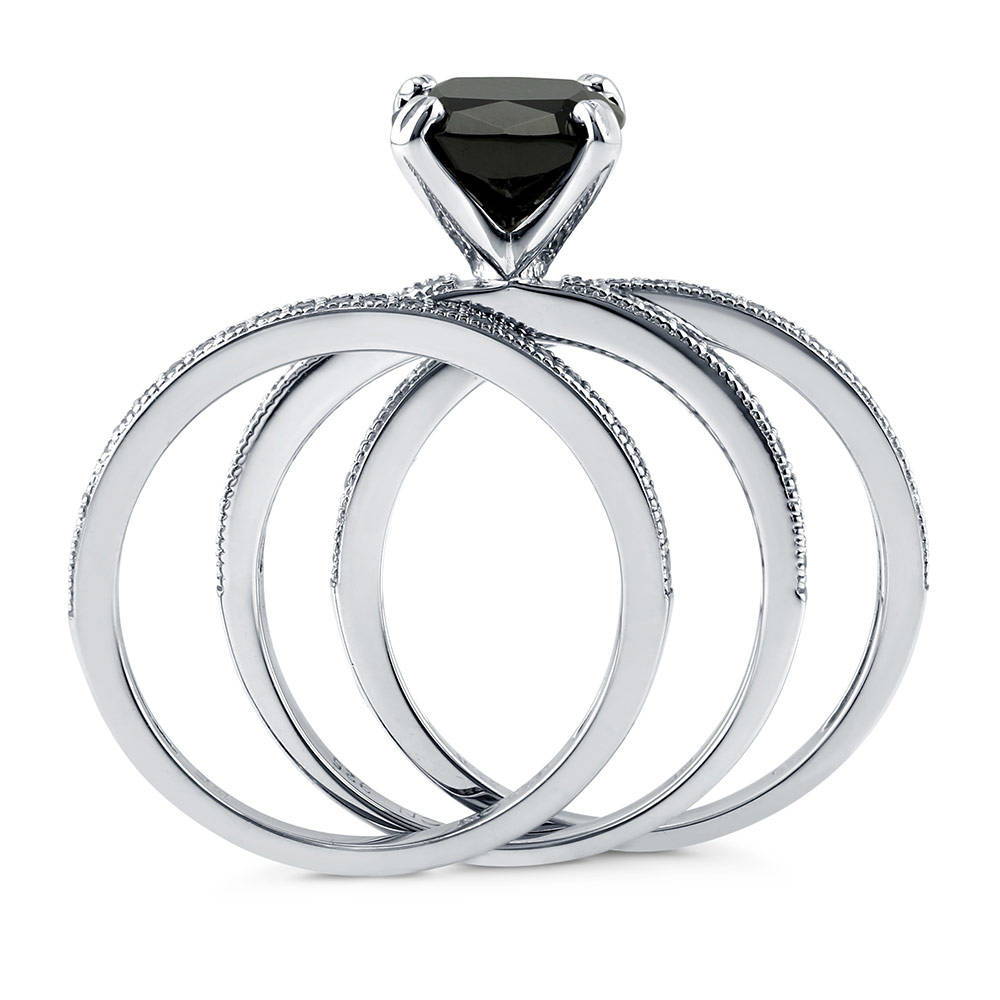 Solitaire 3ct Black Cushion CZ Stackable Ring Set in Sterling Silver