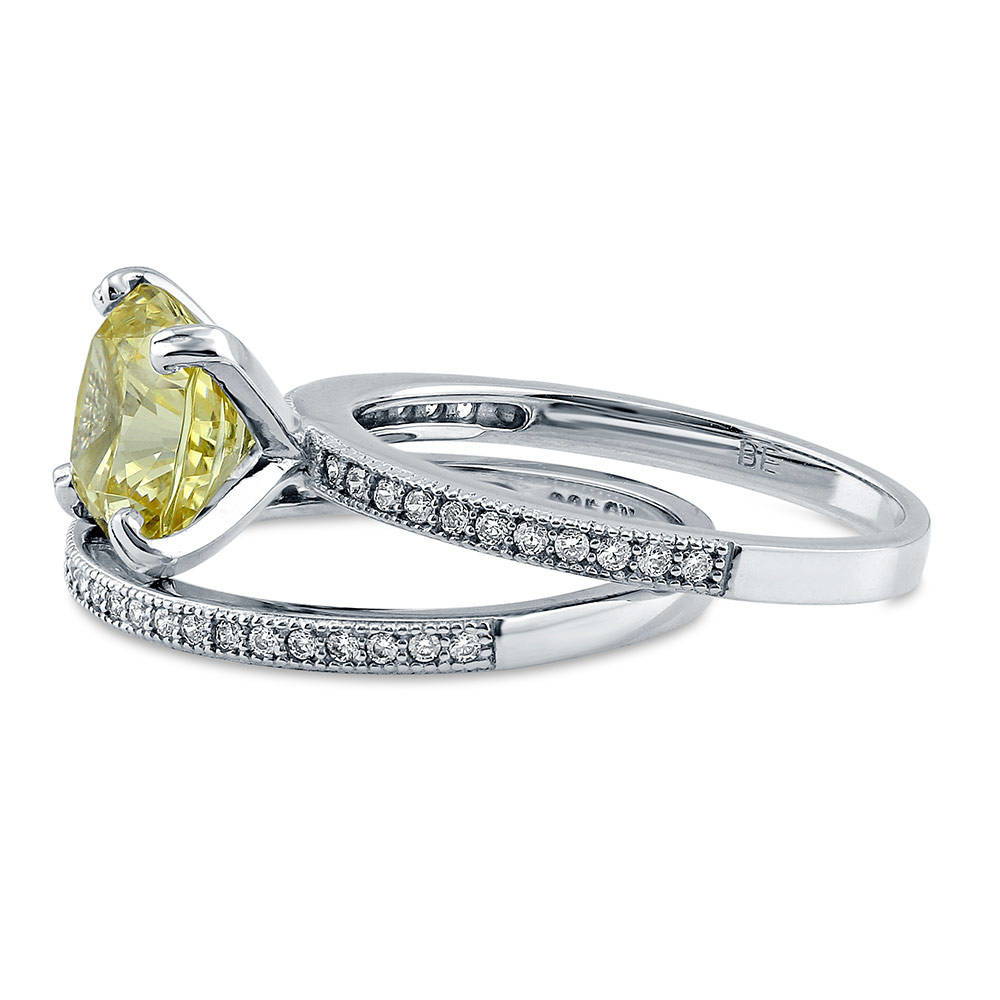 Angle view of Solitaire 3ct Canary Yellow Cushion CZ Ring Set in Sterling Silver