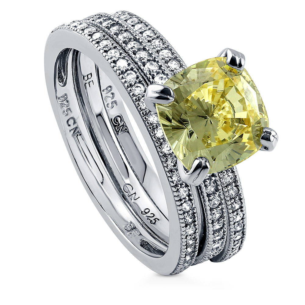 Front view of Solitaire 3ct Canary Yellow Cushion CZ Ring Set in Sterling Silver