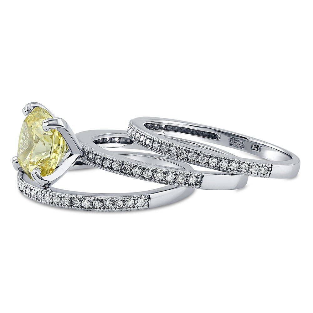 Angle view of Solitaire 3ct Canary Yellow Cushion CZ Ring Set in Sterling Silver