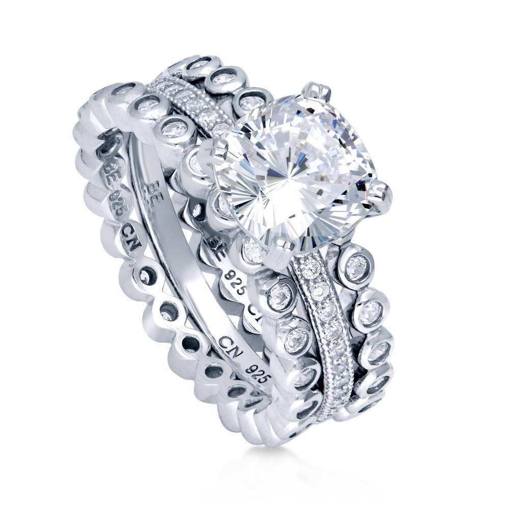 Solitaire 3ct Cushion CZ Ring Set in Sterling Silver, 4 of 9