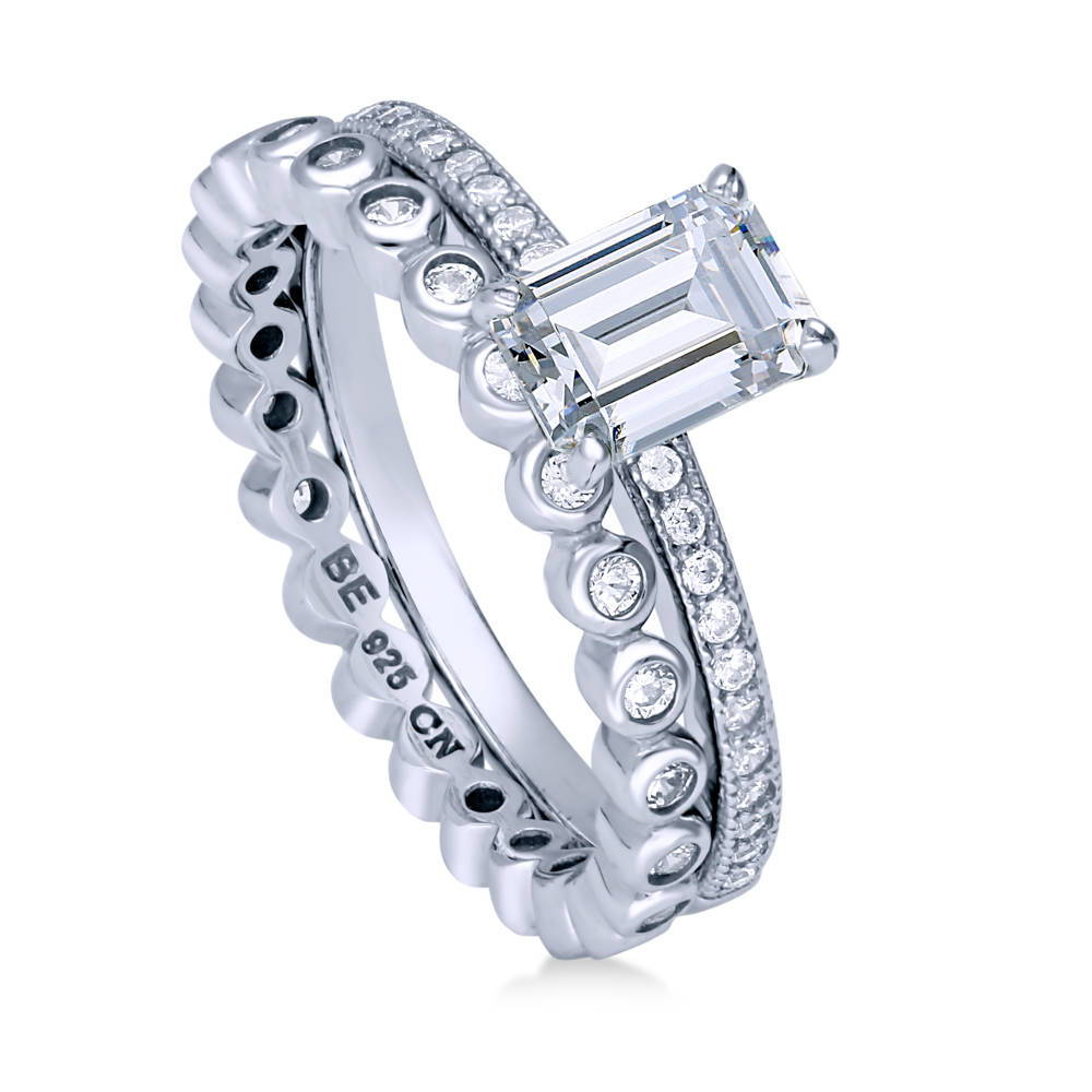 Front view of Solitaire 1ct Emerald Cut CZ Ring Set in Sterling Silver