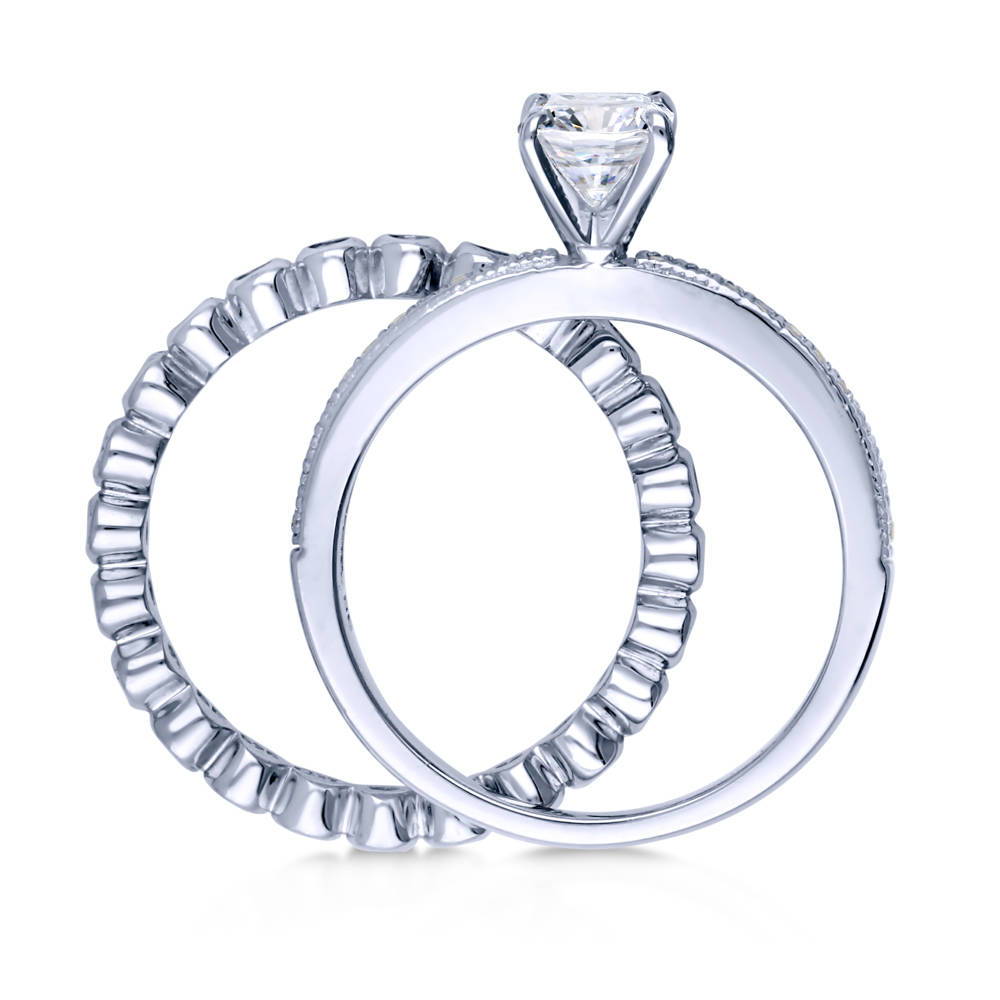 Alternate view of Solitaire 1ct Emerald Cut CZ Ring Set in Sterling Silver