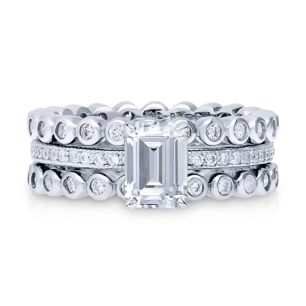 Solitaire 1ct Emerald Cut CZ Ring Set in Sterling Silver, 1 of 9