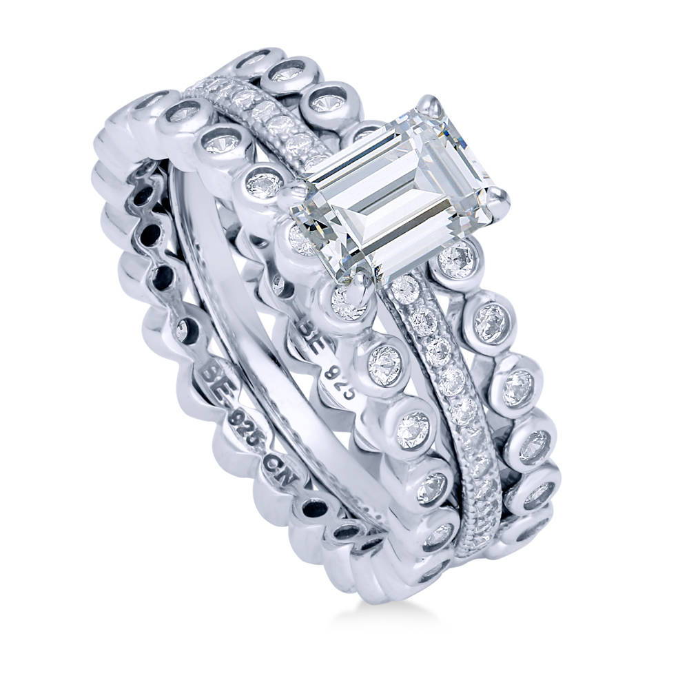 Solitaire 1ct Emerald Cut CZ Ring Set in Sterling Silver, 4 of 9