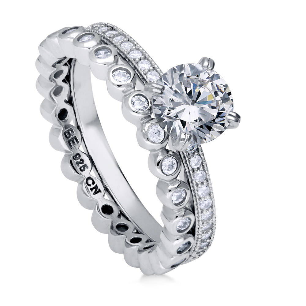 Solitaire 1ct Round CZ Ring Set in Sterling Silver