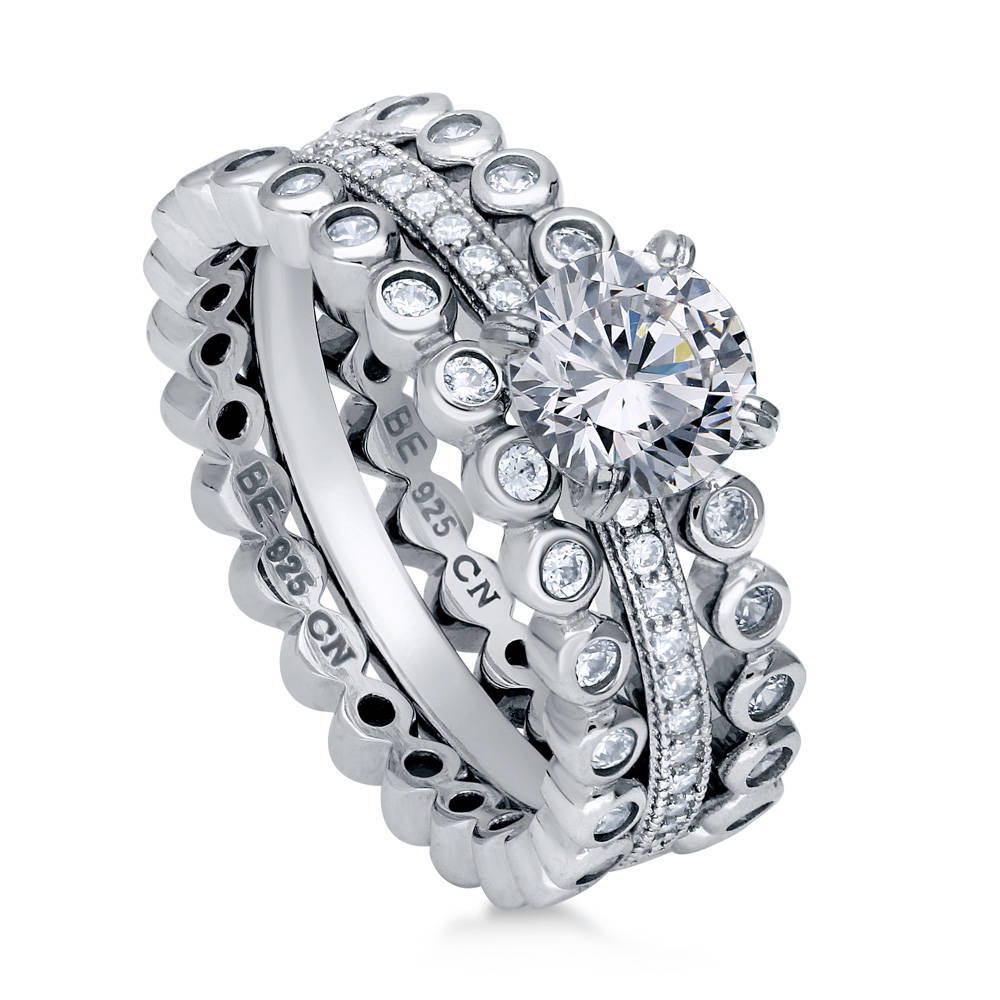Solitaire 1ct Round CZ Ring Set in Sterling Silver, front view