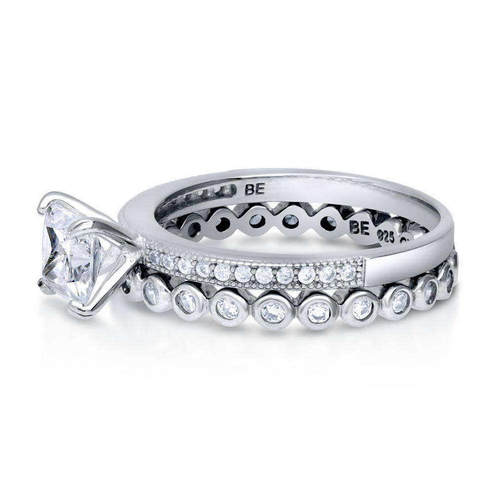 Side view of Solitaire 1ct Princess CZ Ring Set in Sterling Silver