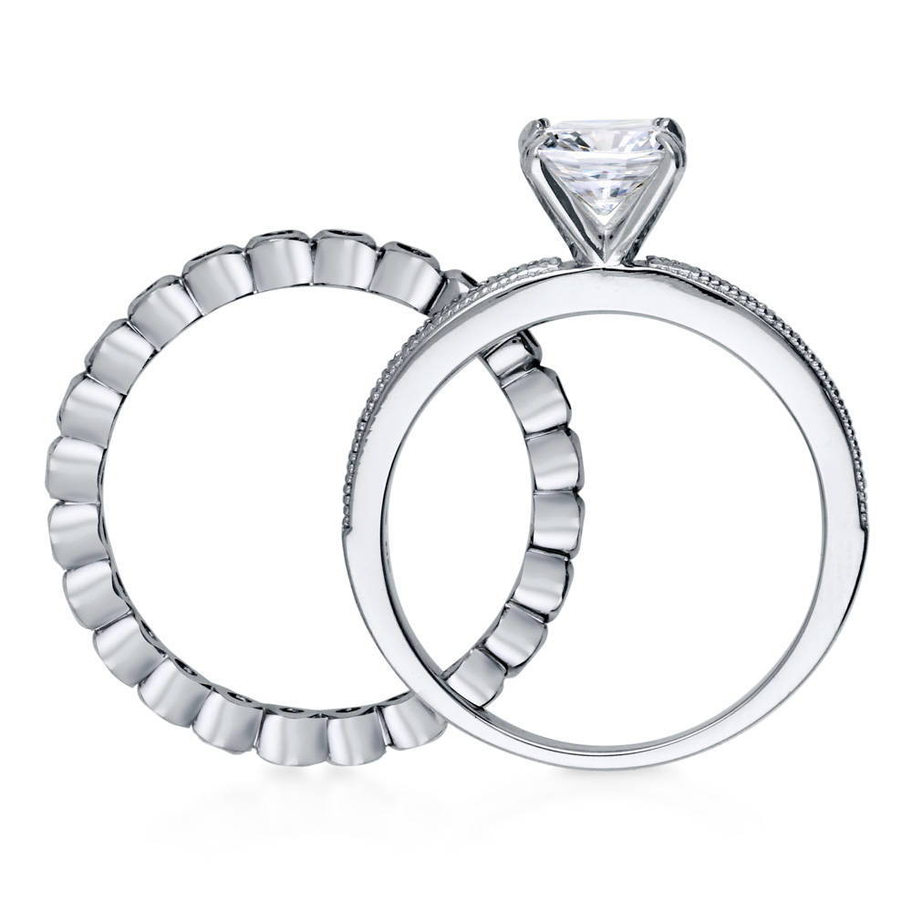 Angle view of Solitaire 1ct Princess CZ Ring Set in Sterling Silver