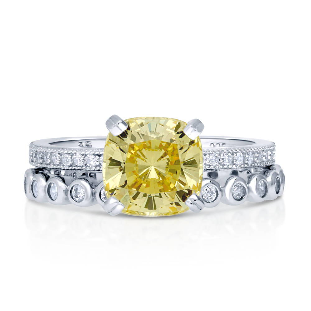 Solitaire 3ct Canary Yellow Cushion CZ Ring Set in Sterling Silver