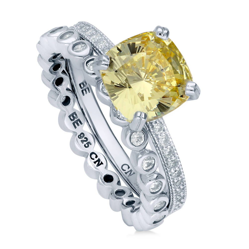 Solitaire 3ct Canary Yellow Cushion CZ Ring Set in Sterling Silver