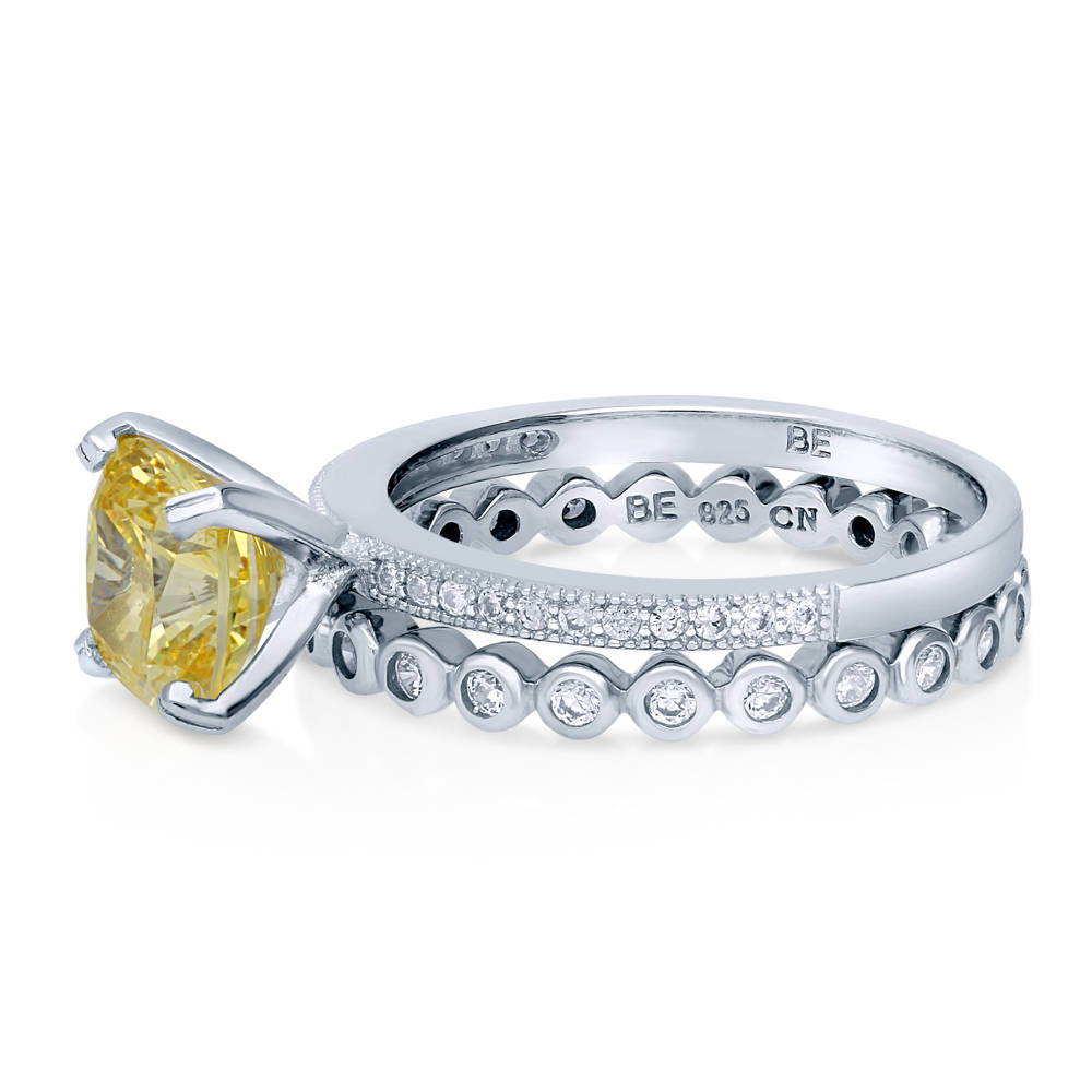 Solitaire 3ct Canary Yellow Cushion CZ Ring Set in Sterling Silver