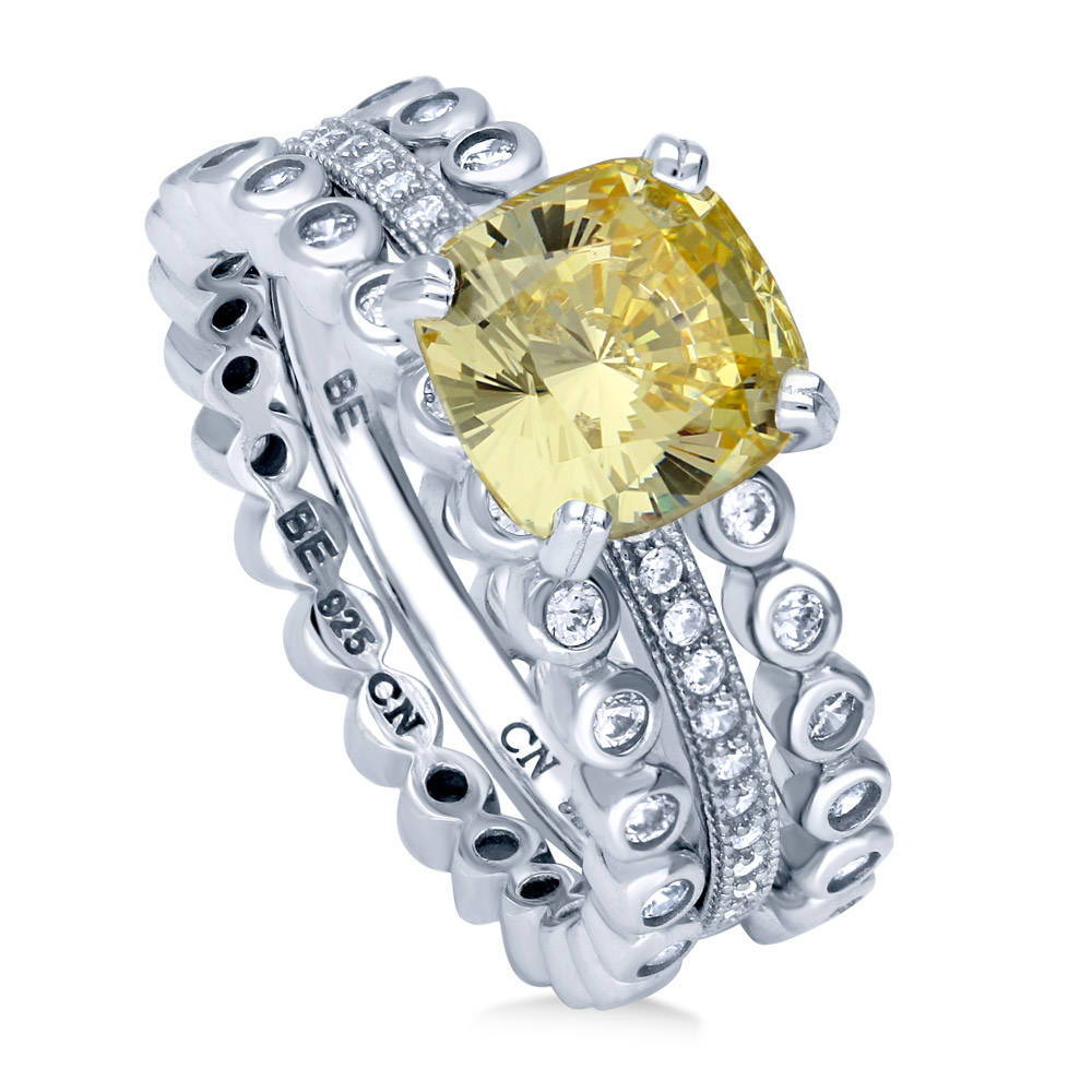 Front view of Solitaire 3ct Canary Yellow Cushion CZ Ring Set in Sterling Silver