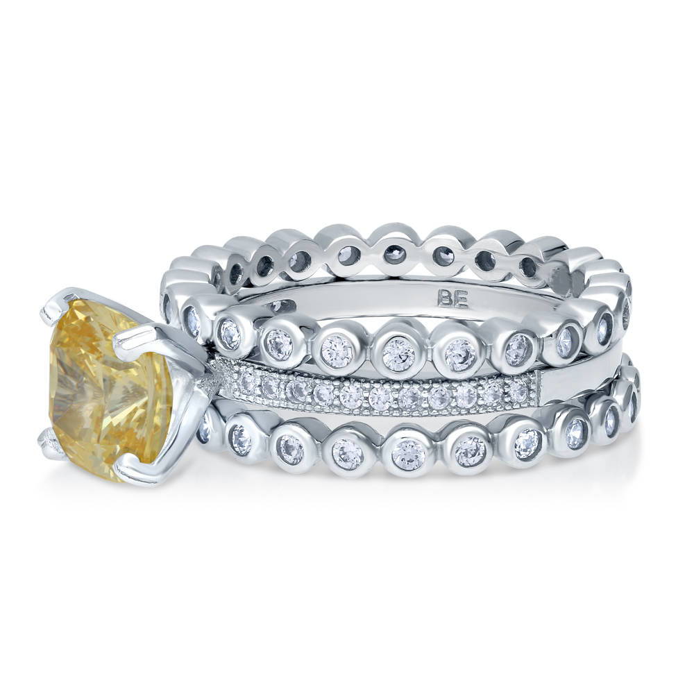 Angle view of Solitaire 3ct Canary Yellow Cushion CZ Ring Set in Sterling Silver