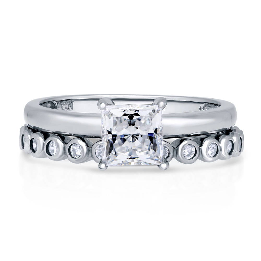 Solitaire 1ct Princess CZ Ring Set in Sterling Silver