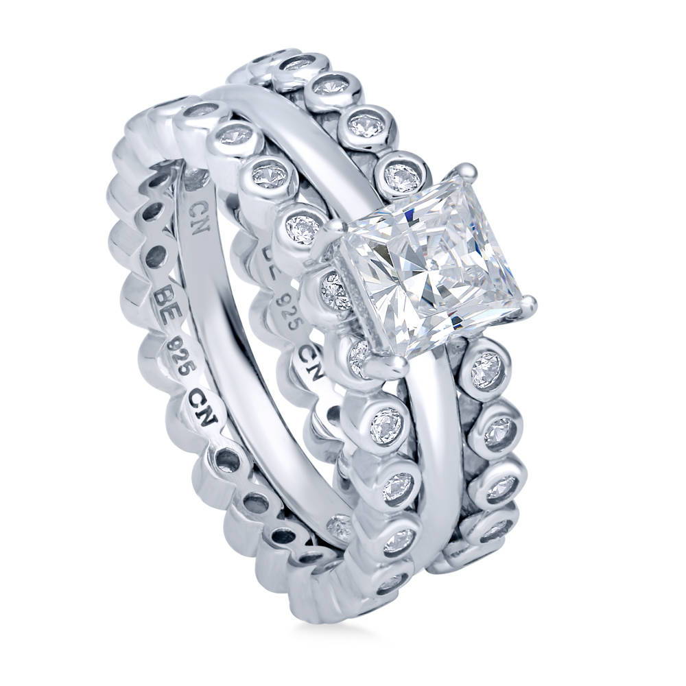 Solitaire 1ct Princess CZ Ring Set in Sterling Silver, front view