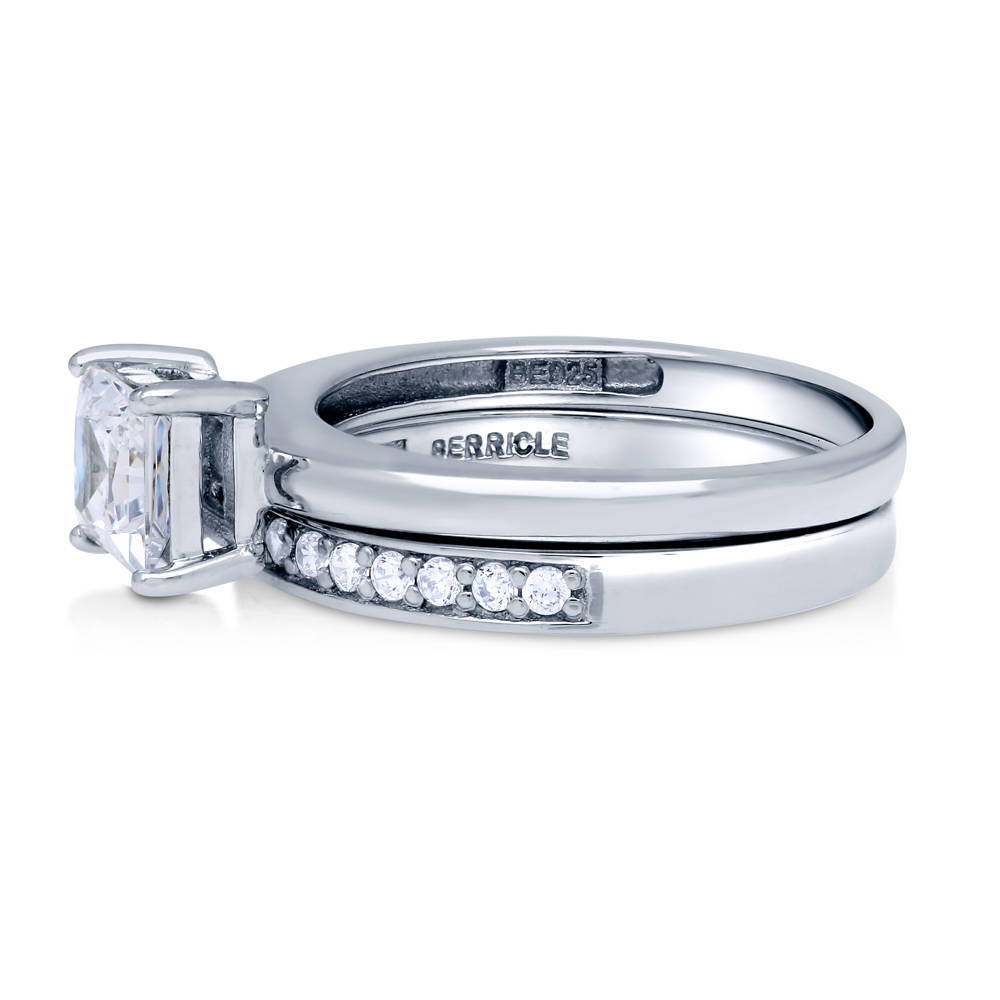 Angle view of Solitaire 1ct Princess CZ Ring Set in Sterling Silver, 5 of 8