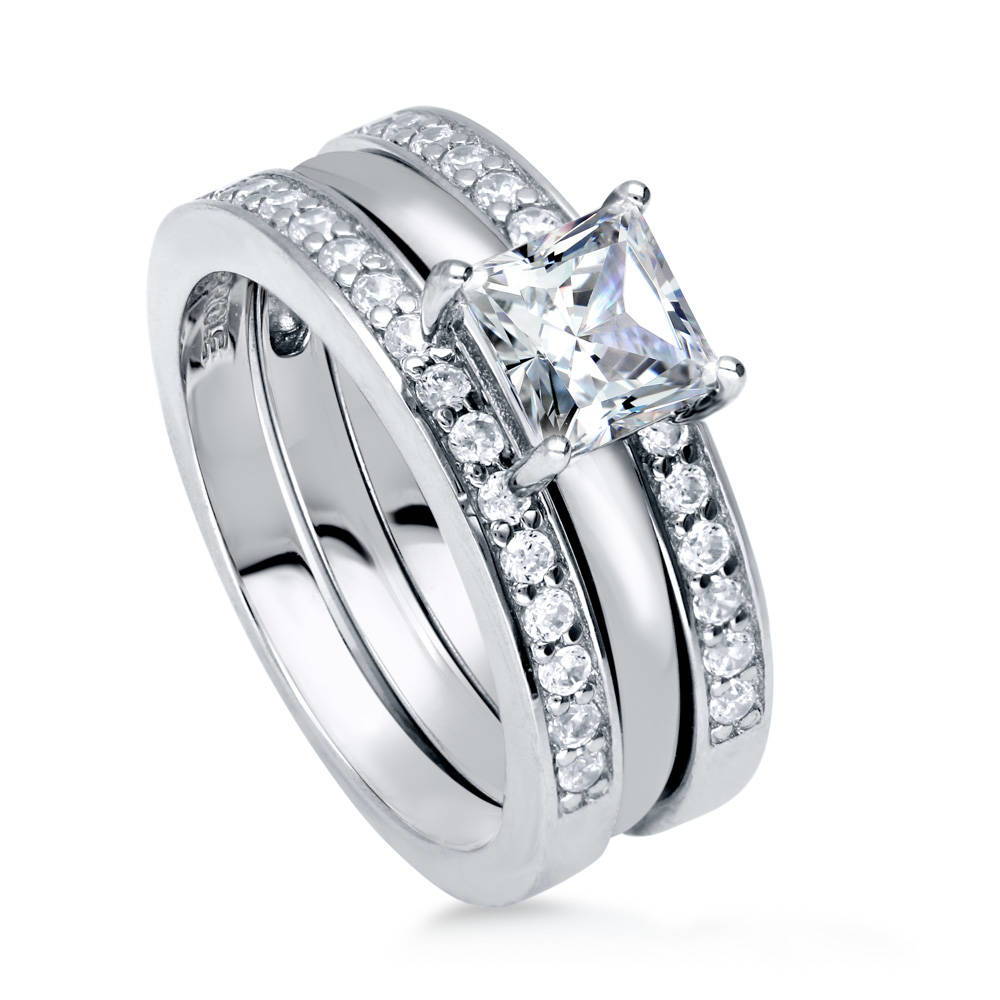 Front view of Solitaire 1ct Princess CZ Ring Set in Sterling Silver