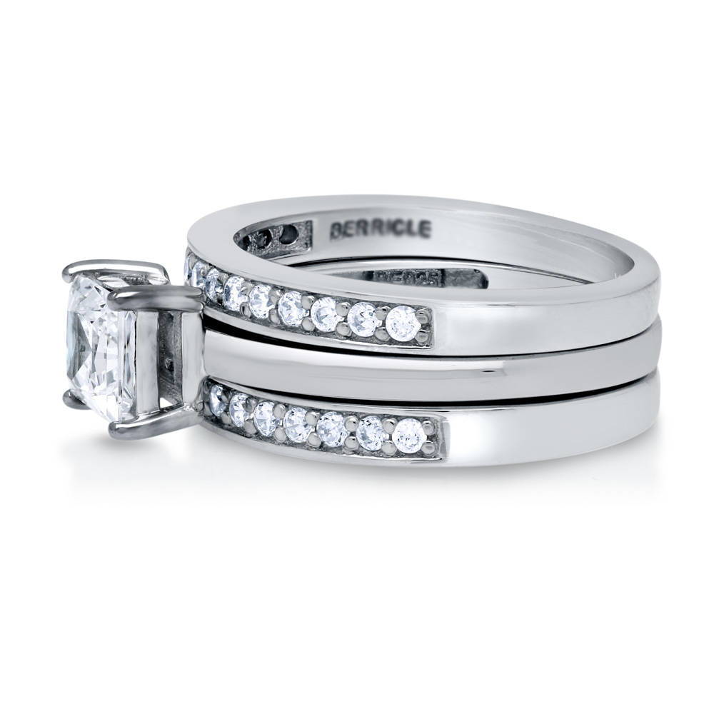 Angle view of Solitaire 1ct Princess CZ Ring Set in Sterling Silver