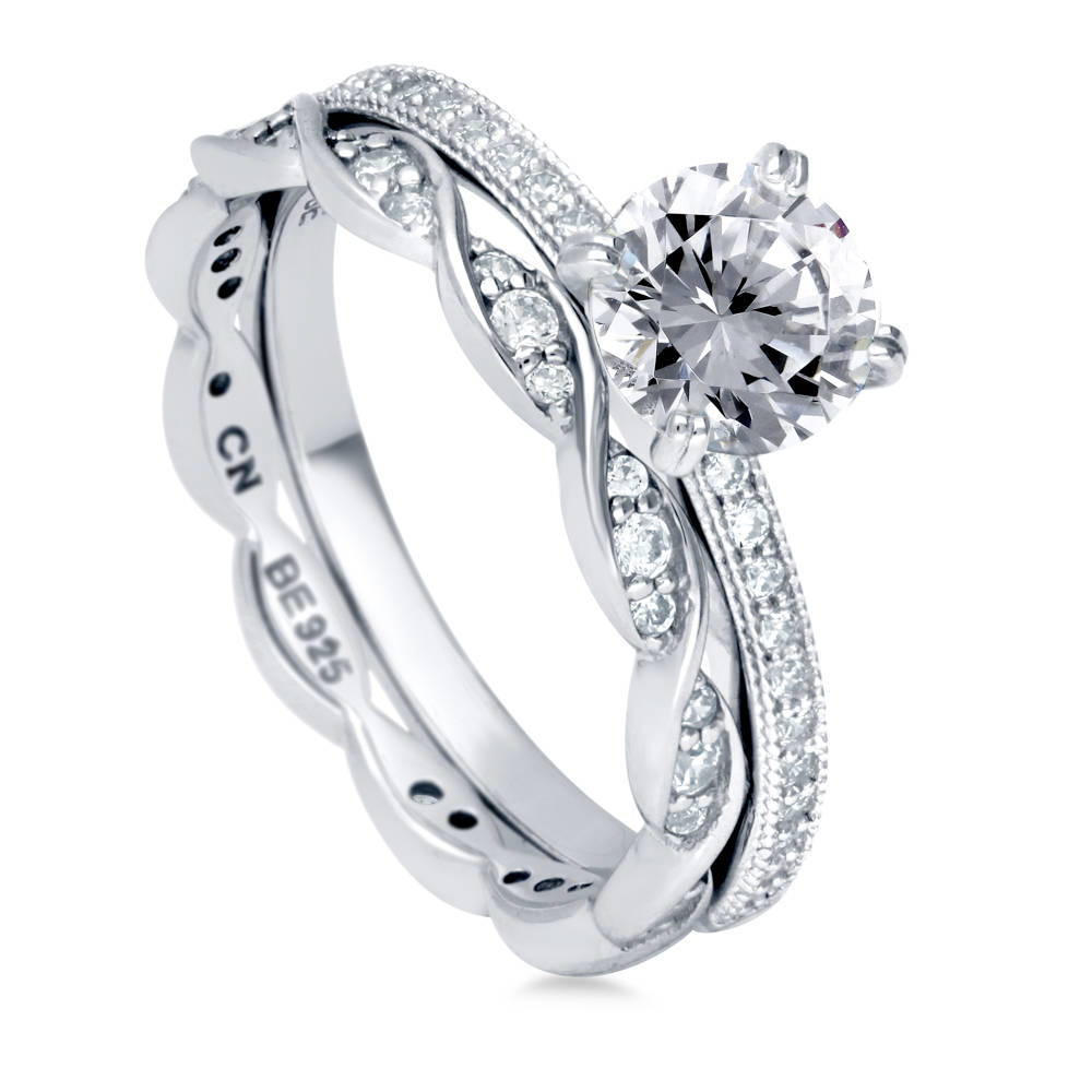 Front view of Solitaire 1ct Round CZ Ring Set in Sterling Silver, 3 of 10