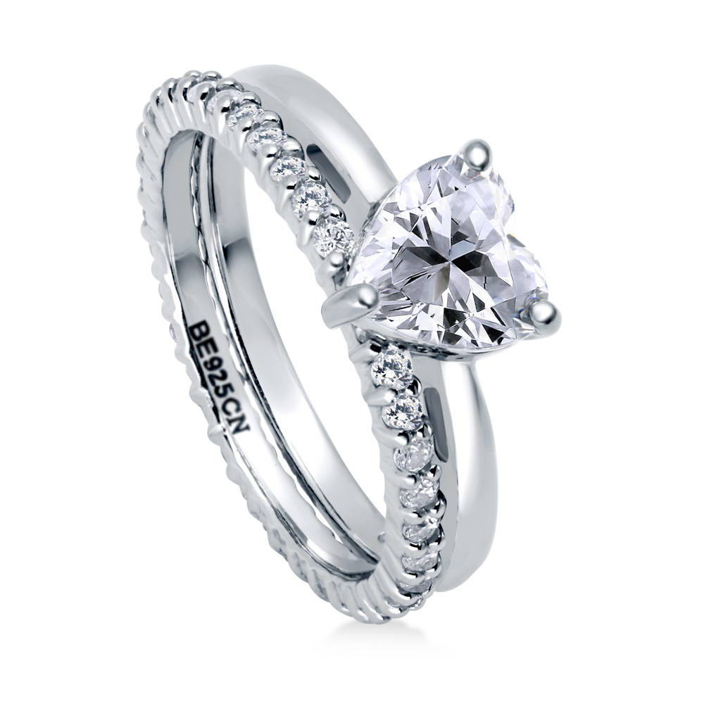 Front view of Heart Solitaire CZ Ring Set in Sterling Silver