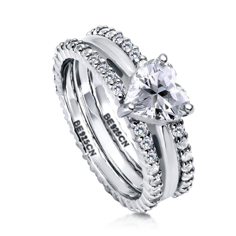 Front view of Heart Solitaire CZ Ring Set in Sterling Silver