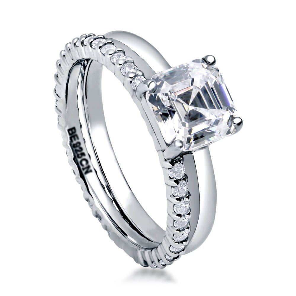Front view of Solitaire 2ct Asscher CZ Ring Set in Sterling Silver