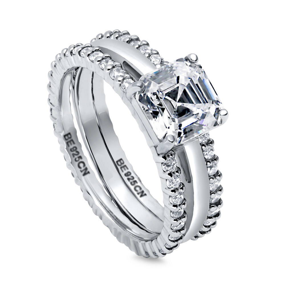 Front view of Solitaire 2ct Asscher CZ Ring Set in Sterling Silver