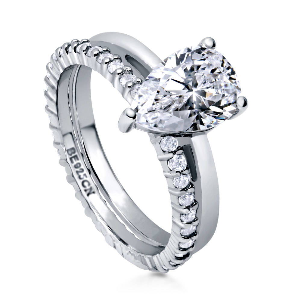 Front view of Solitaire 1.8ct Pear CZ Ring Set in Sterling Silver, 3 of 15