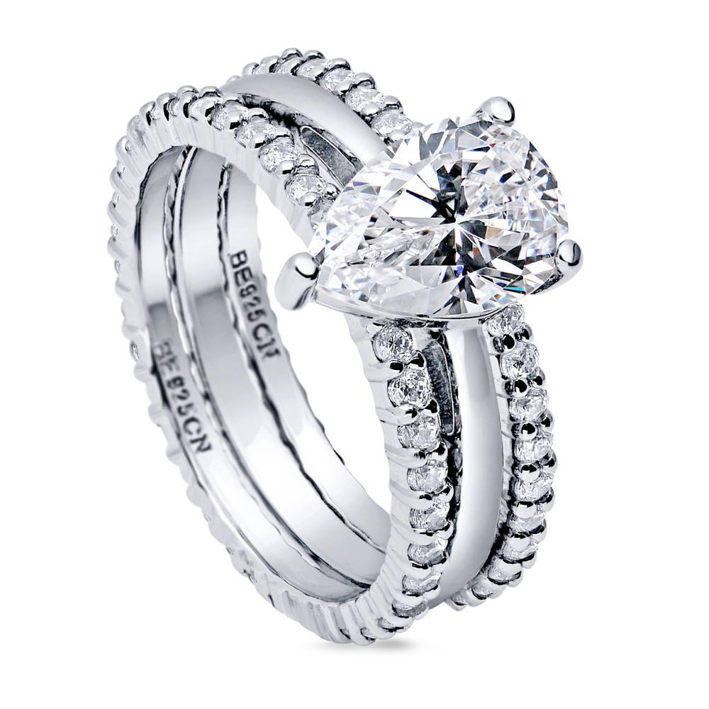 Front view of Solitaire 1.8ct Pear CZ Ring Set in Sterling Silver