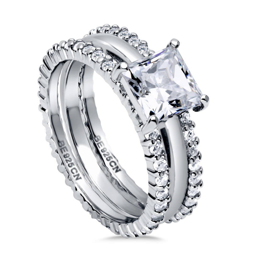 Front view of Solitaire 1.6ct Princess CZ Ring Set in Sterling Silver, 3 of 14
