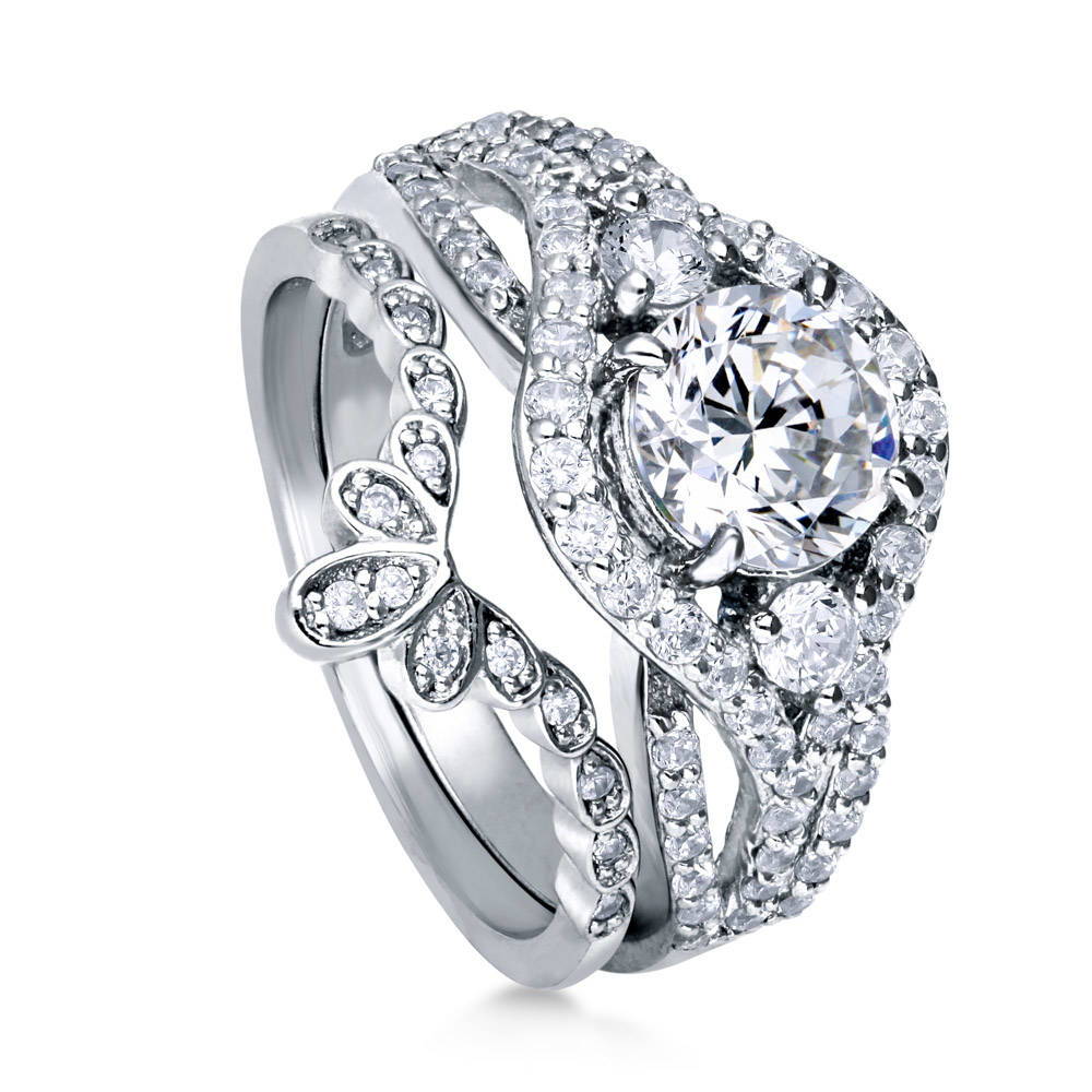 Front view of 3-Stone Crown Round CZ Ring Set in Sterling Silver, 3 of 10