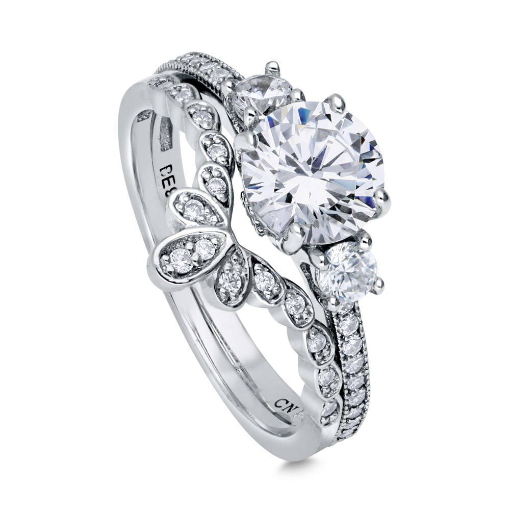 Front view of 3-Stone Crown Round CZ Ring Set in Sterling Silver, 3 of 11