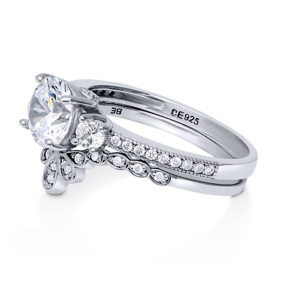 Angle view of 3-Stone Crown Round CZ Ring Set in Sterling Silver, 4 of 11