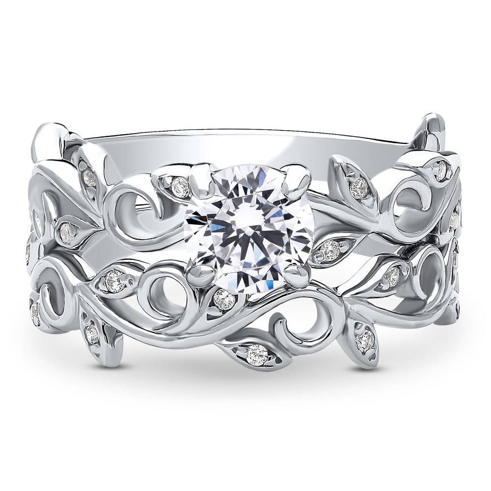 Leaf Solitaire CZ Ring Set in Sterling Silver