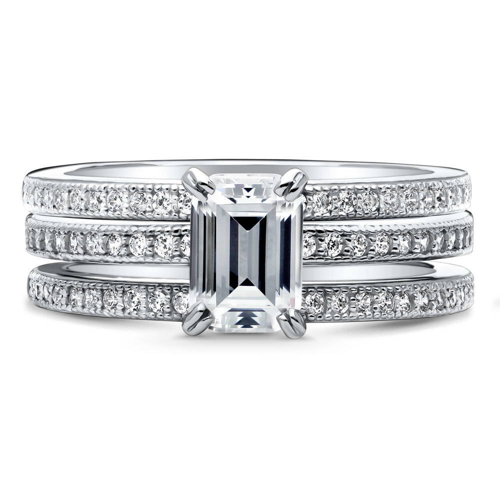 Solitaire 1ct Emerald Cut CZ Ring Set in Sterling Silver