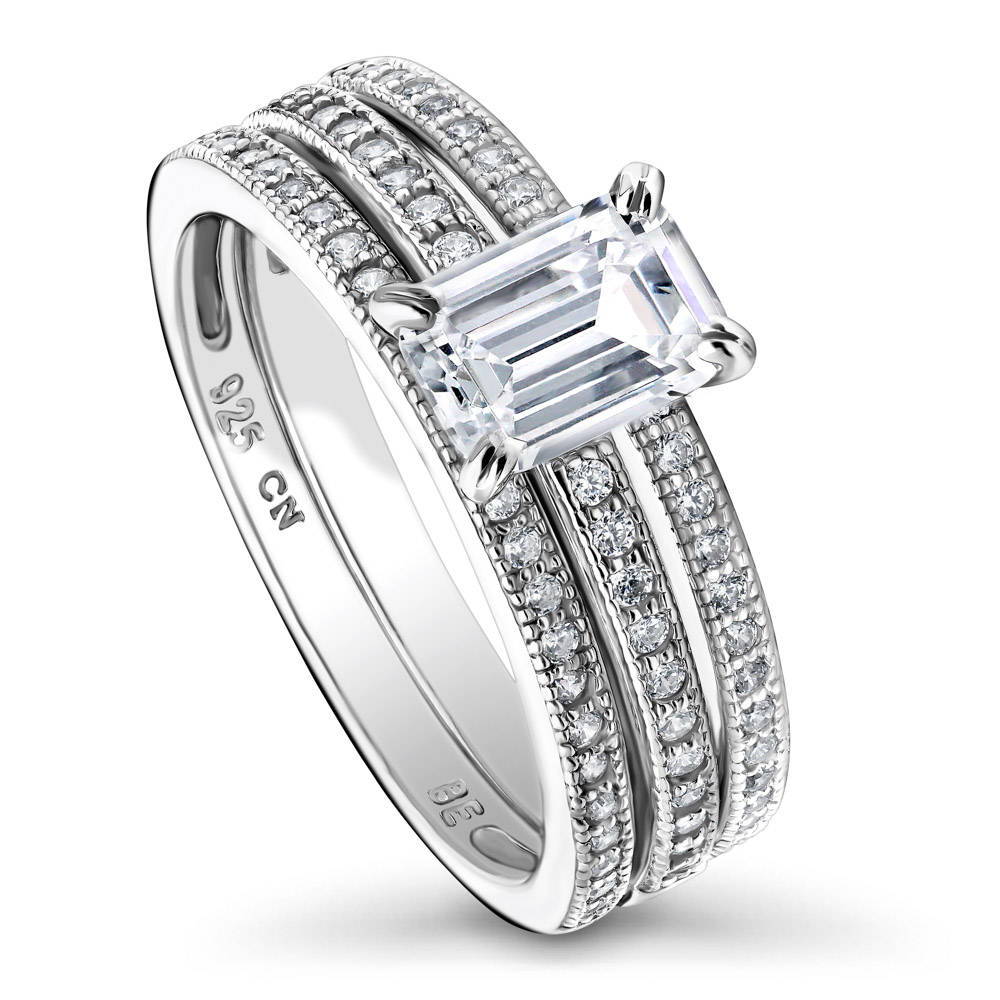 Solitaire 1ct Emerald Cut CZ Ring Set in Sterling Silver