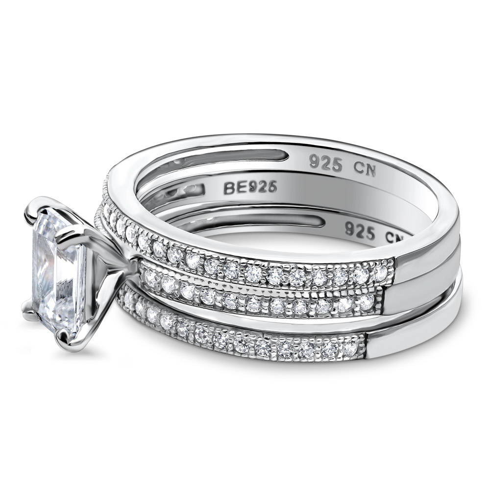 Solitaire 1ct Emerald Cut CZ Ring Set in Sterling Silver