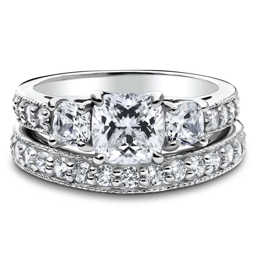 3-Stone Cushion CZ Ring Set in Sterling Silver