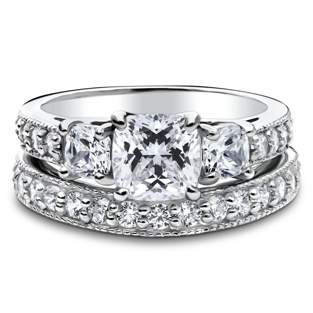 3-Stone Cushion CZ Ring Set in Sterling Silver