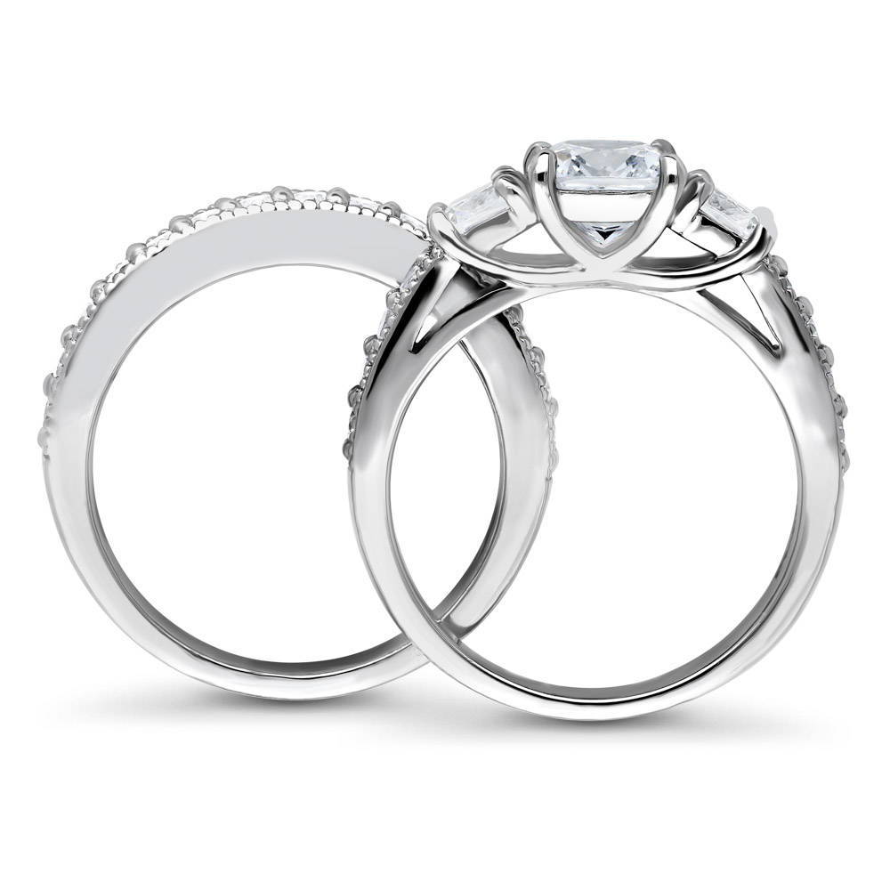 Alternate view of 3-Stone Cushion CZ Ring Set in Sterling Silver