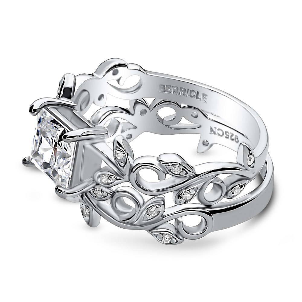 Solitaire Leaf Filigree Princess CZ Ring Set in Sterling Silver