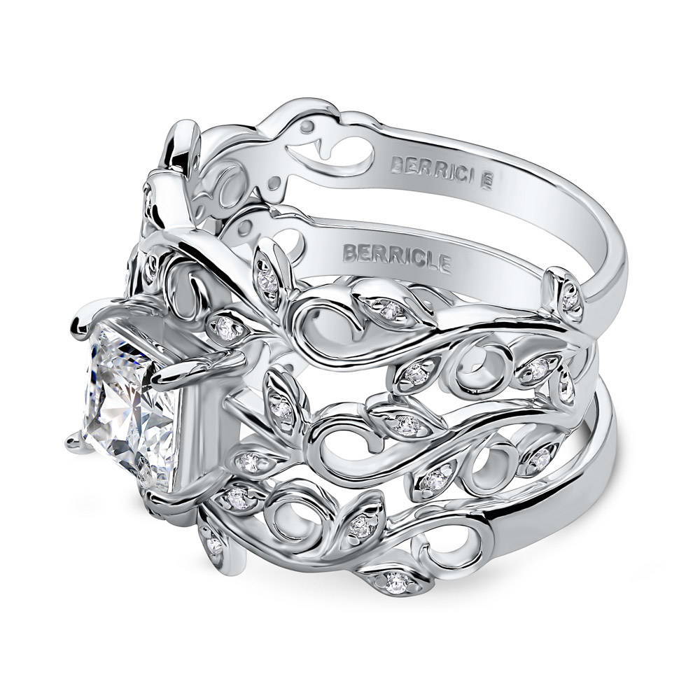 Angle view of Leaf Solitaire CZ Ring Set in Sterling Silver